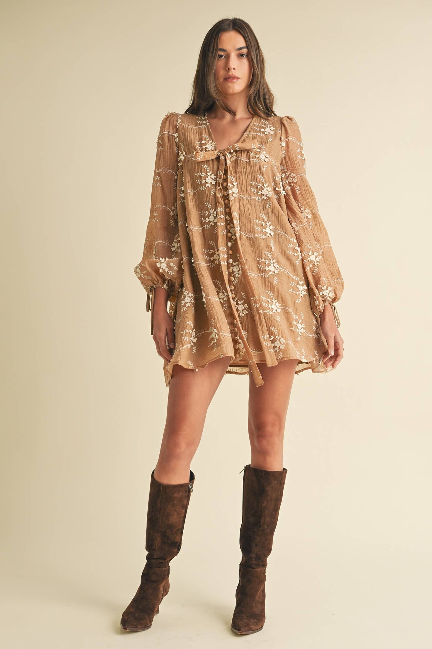 LD1678 Embroidered Long Sleeve Mini Dress
