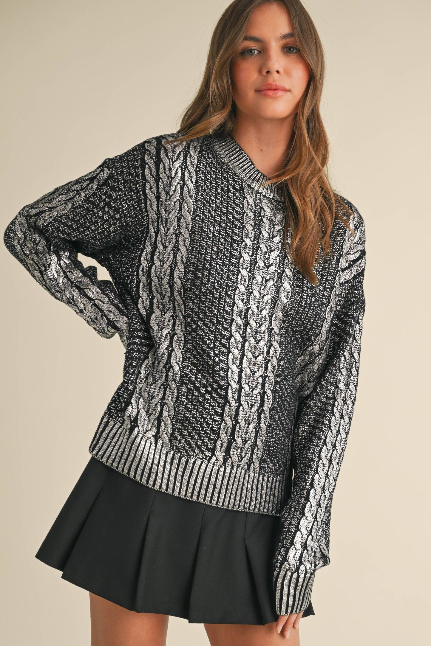 IT4008 METALLIC FOIL CABLE KNIT SWEATER TOP