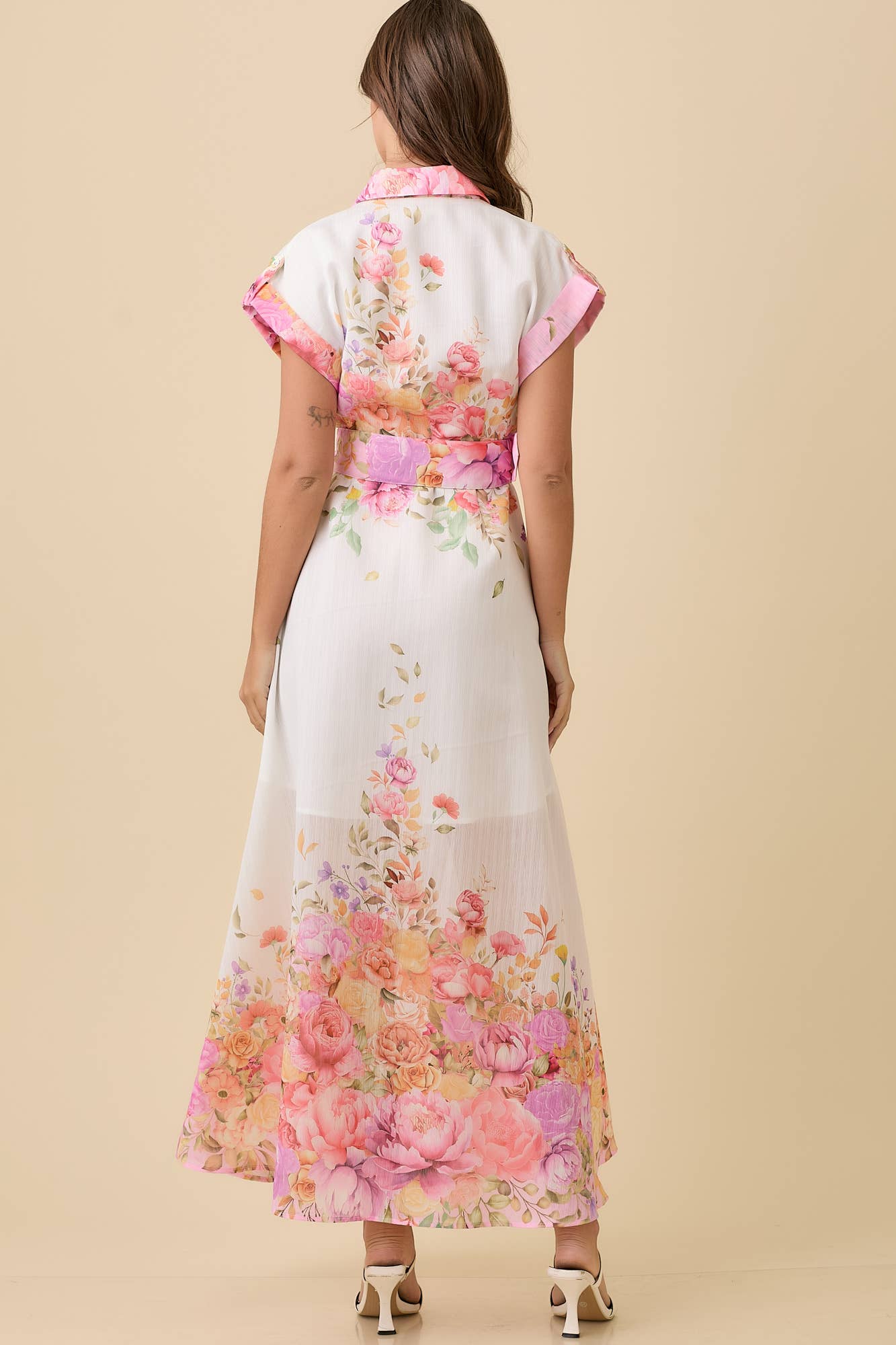 Floral Print Lapel Collar Button Down Maxi Dress