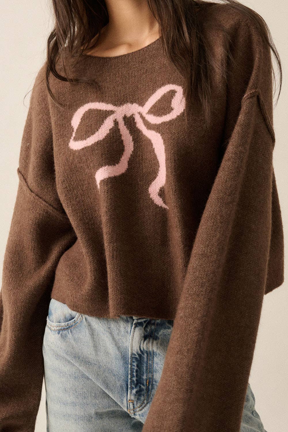 Solid Contrasting Ribbon-Bow Knit Sweater