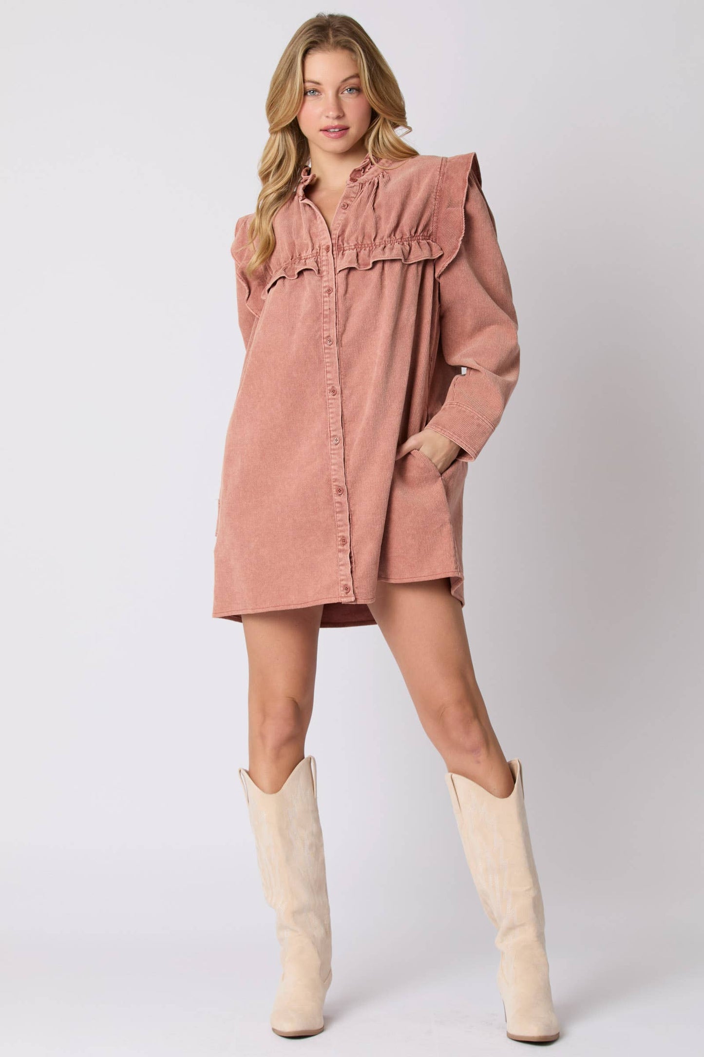 Mineral Washed Corduroy Ruffle Detail Dress