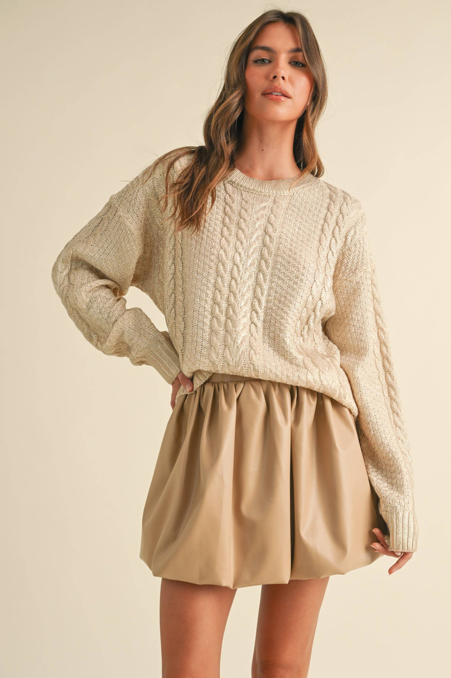 IT4008 METALLIC FOIL CABLE KNIT SWEATER TOP