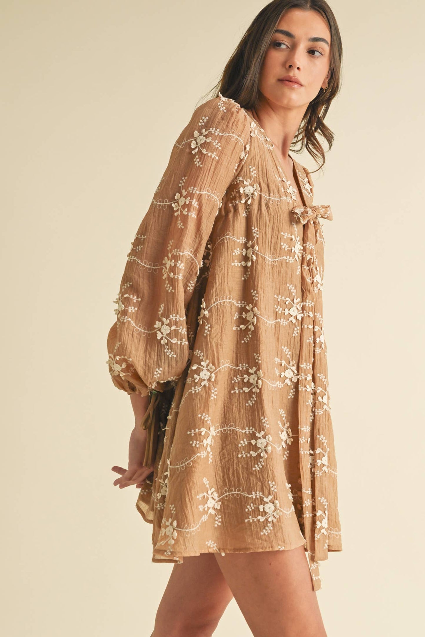 LD1678 Embroidered Long Sleeve Mini Dress