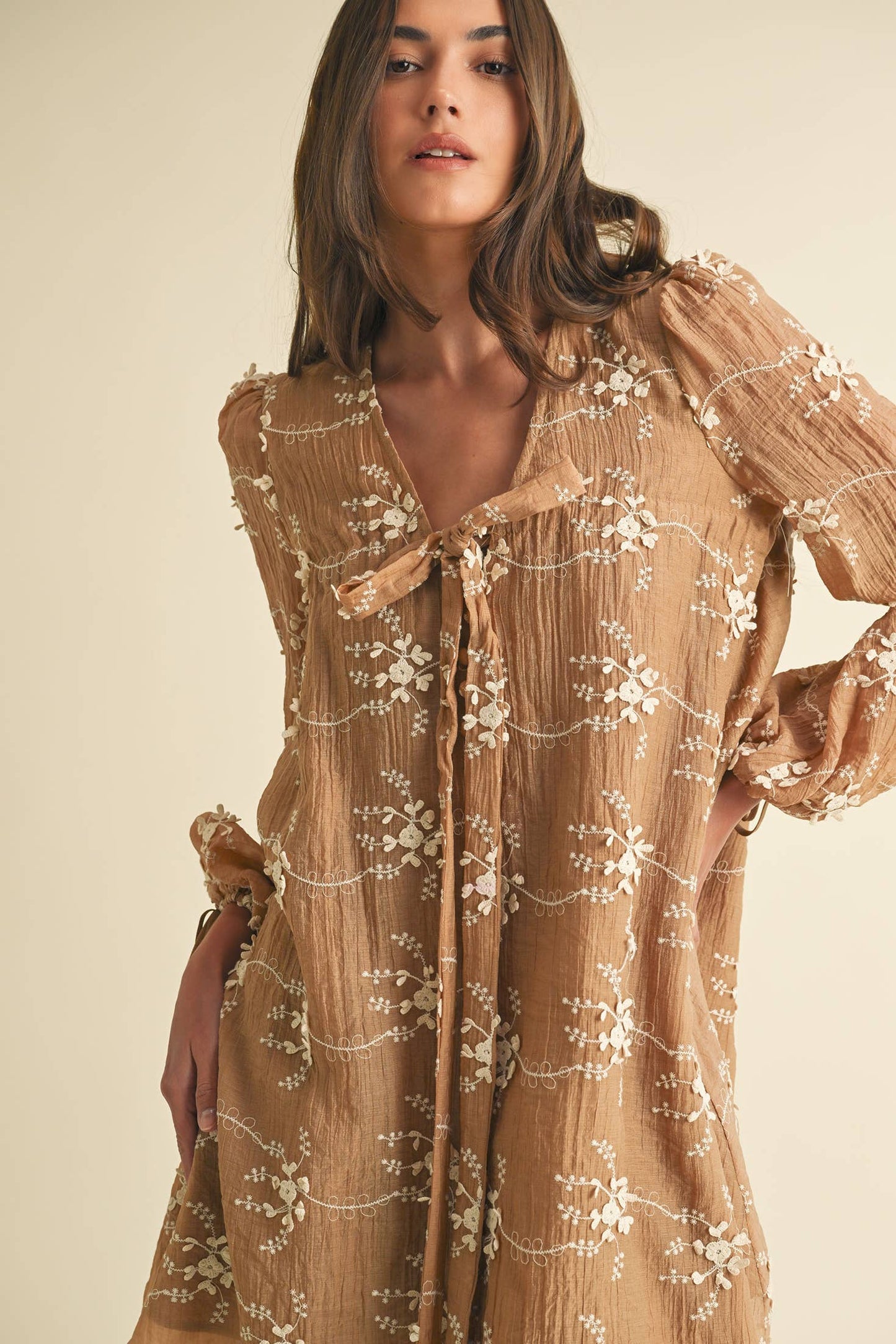 LD1678 Embroidered Long Sleeve Mini Dress