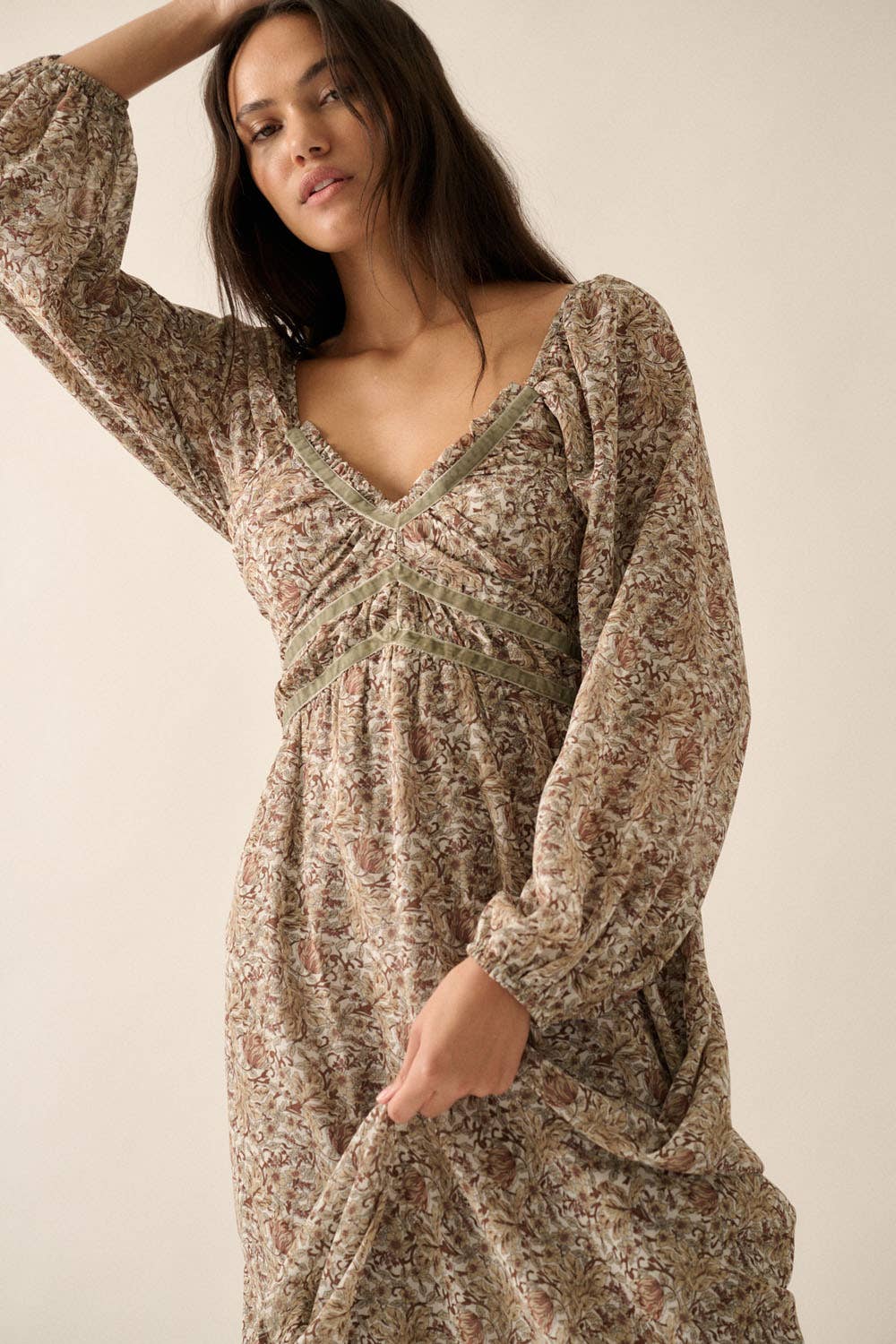 Floral V-Neck Sheer Velvet-Trim Maxi Dress