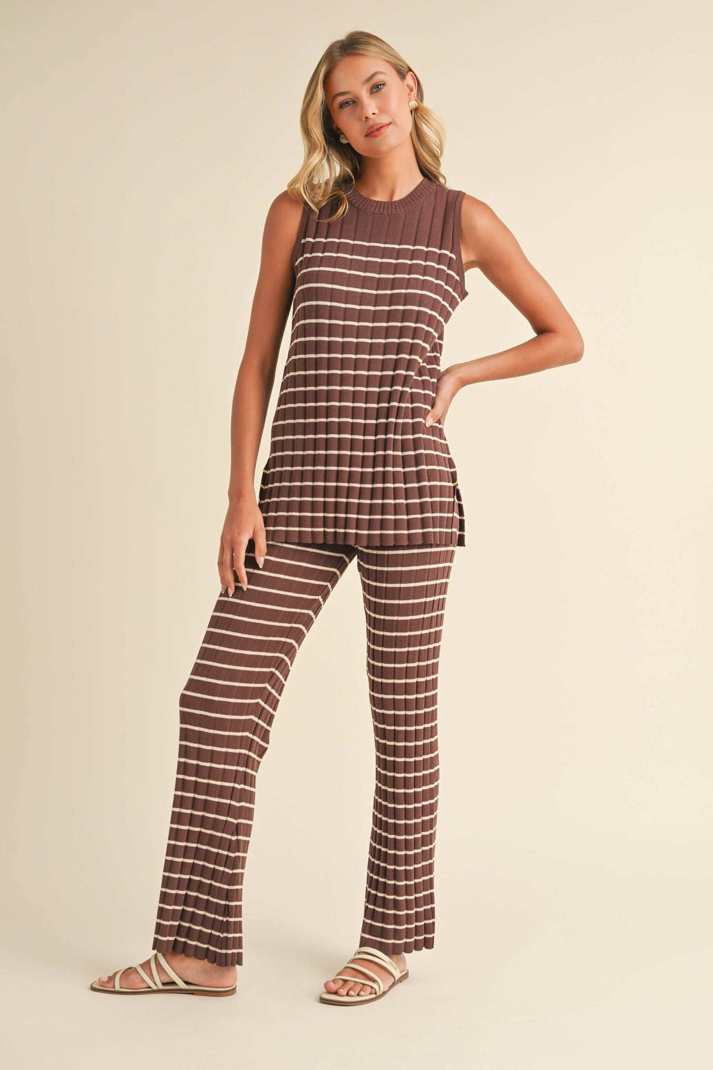 IST5685 SLEEVELESS STRIPED SWEATER KNIT TOP AND PANTS SET