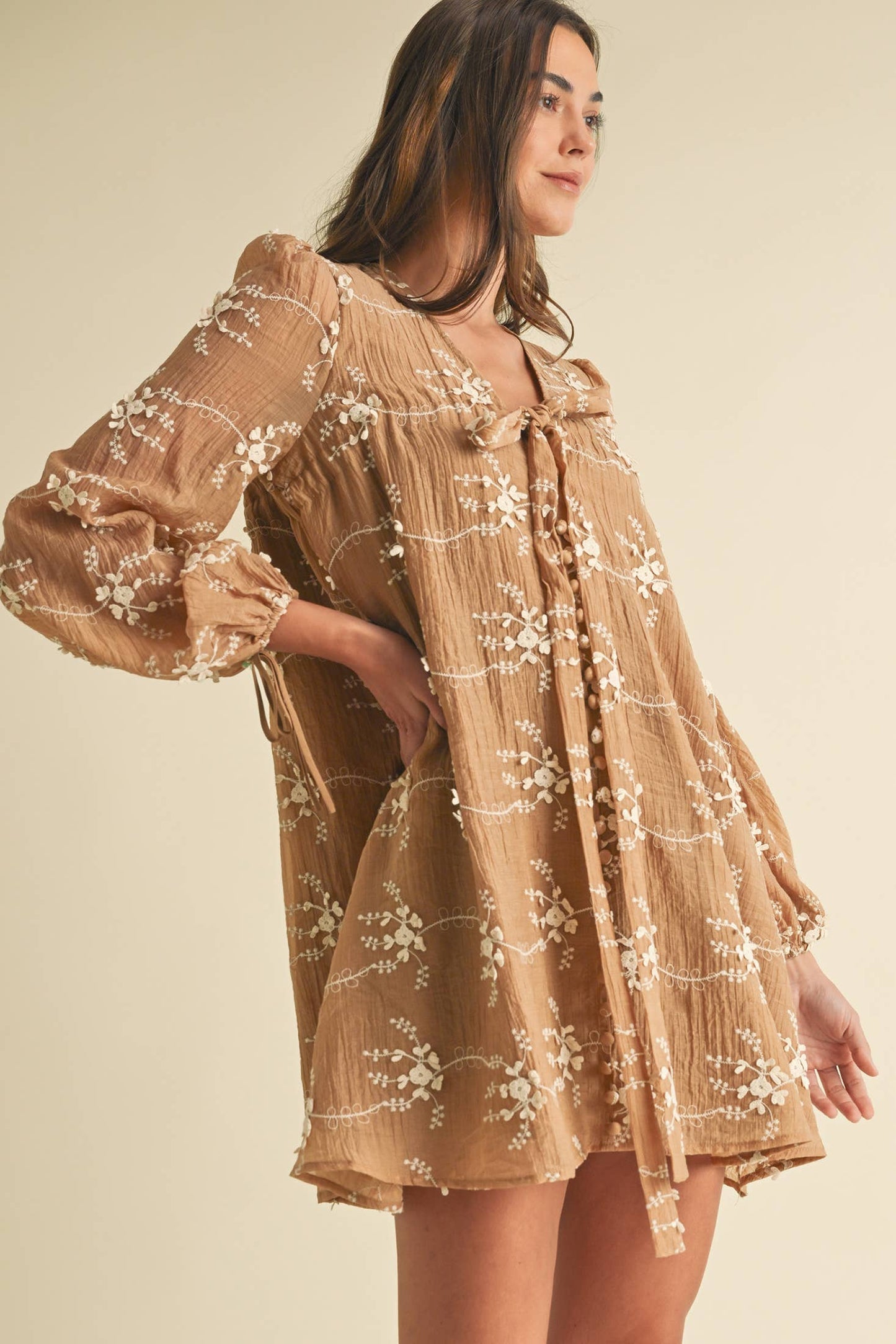 LD1678 Embroidered Long Sleeve Mini Dress
