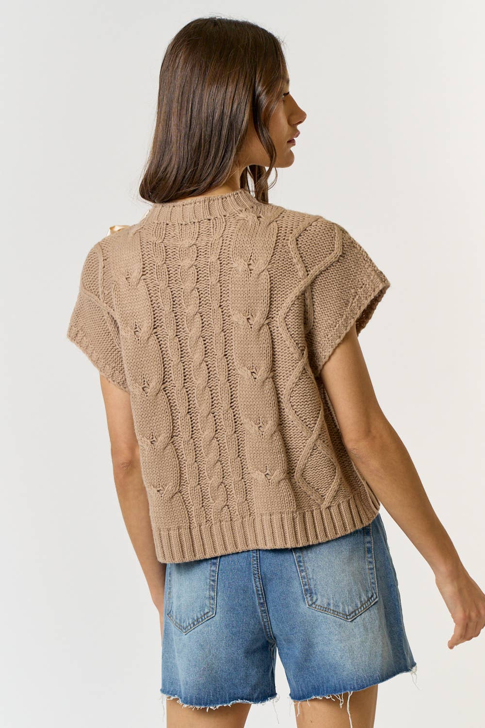 SATIN BOW CABLE KNIT SWEATER VEST TOP