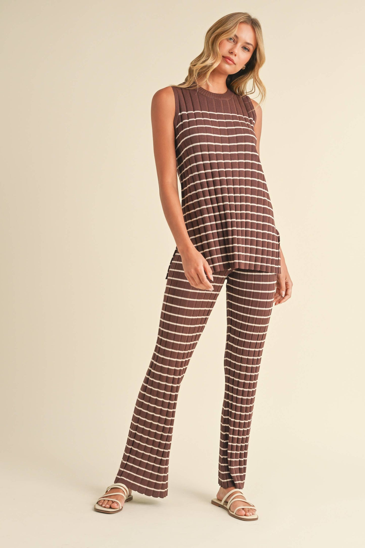 IST5685 SLEEVELESS STRIPED SWEATER KNIT TOP AND PANTS SET