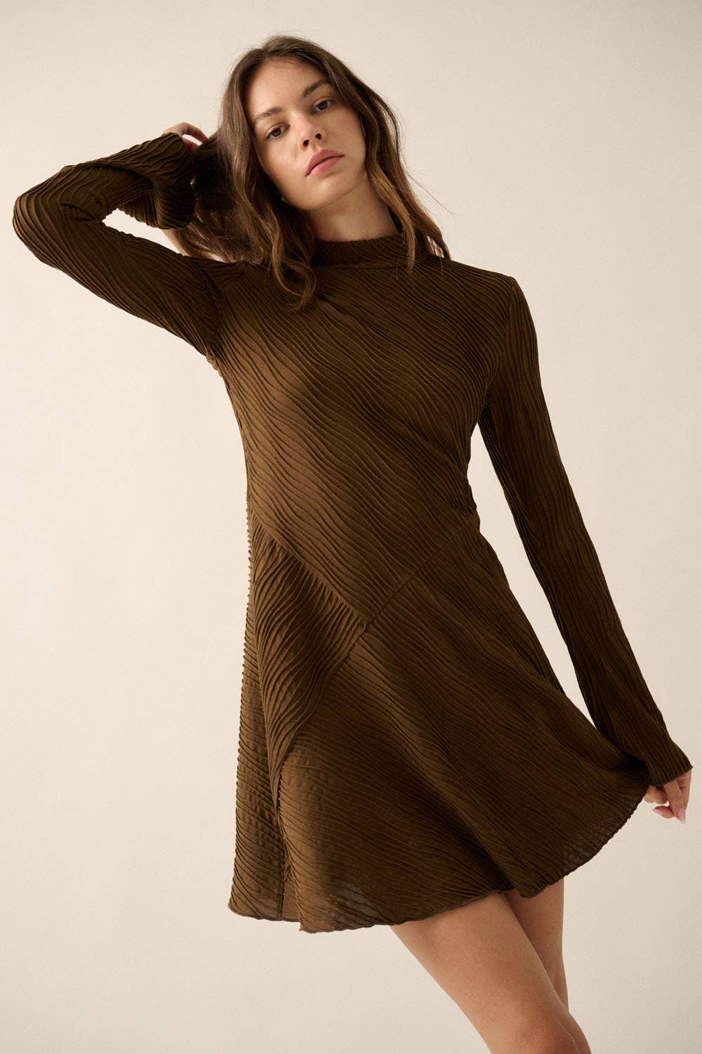 Wavy-Texture Ribbed White Knit Mock-Neck Mini Dress