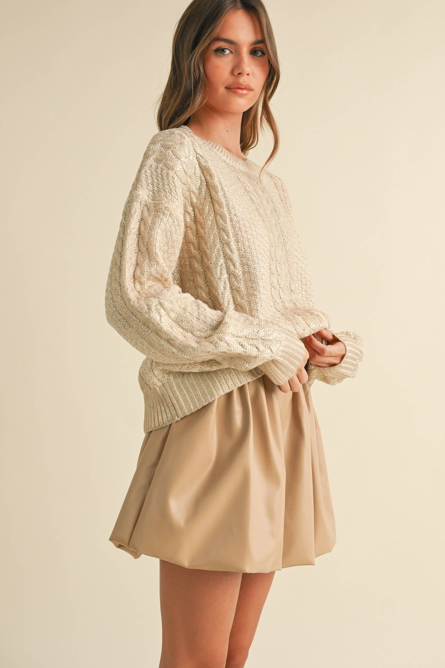 IT4008 METALLIC FOIL CABLE KNIT SWEATER TOP