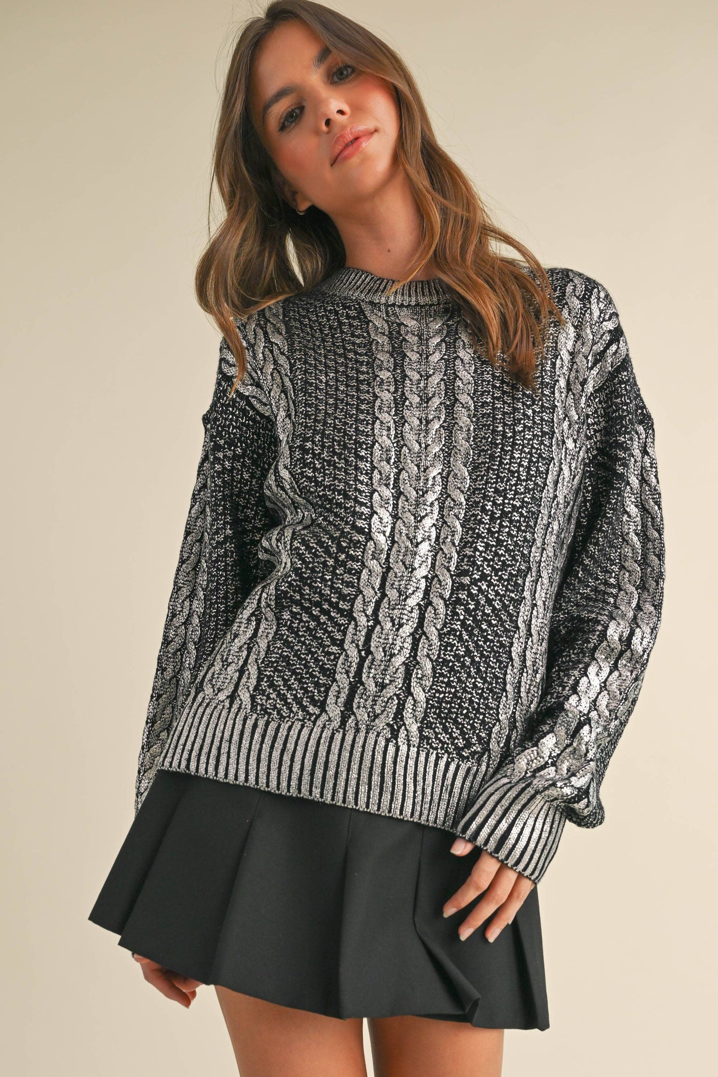IT4008 METALLIC FOIL CABLE KNIT SWEATER TOP