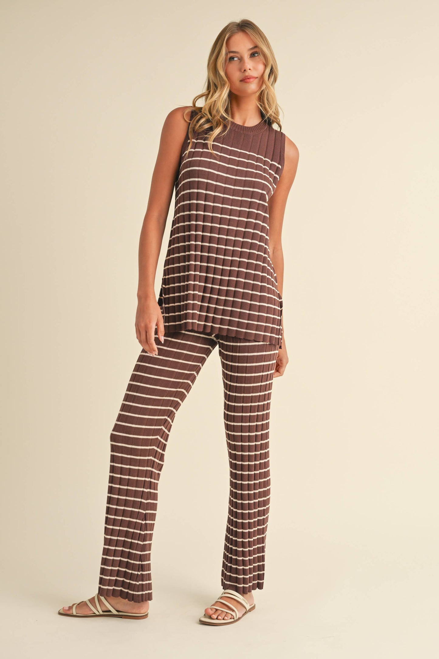 IST5685 SLEEVELESS STRIPED SWEATER KNIT TOP AND PANTS SET