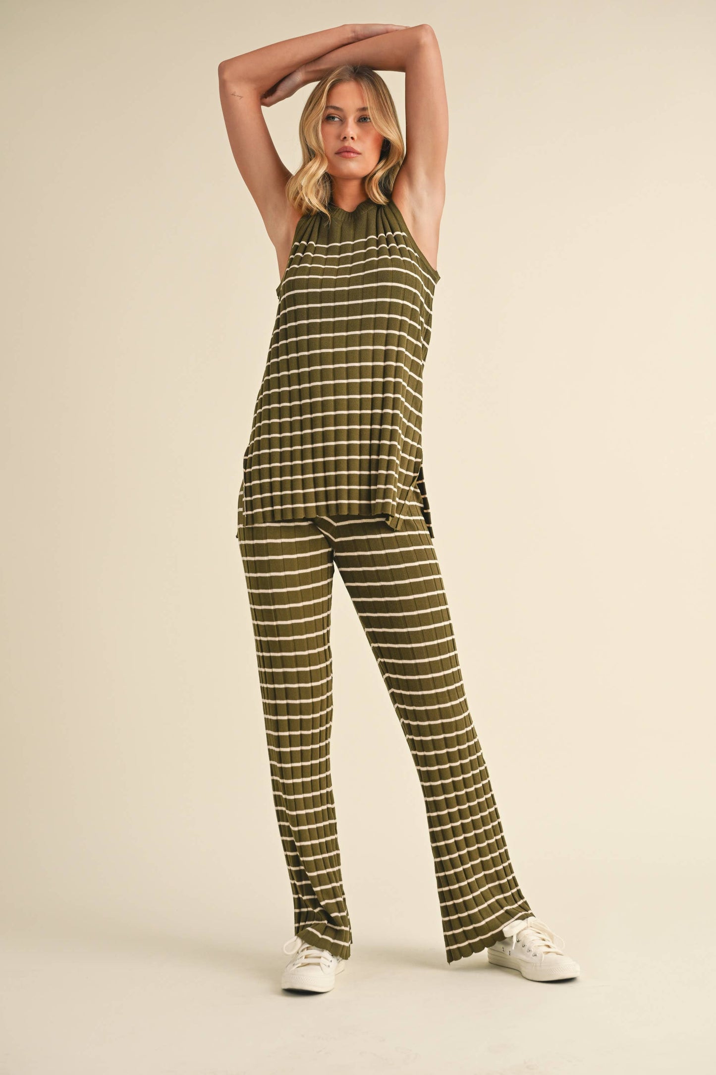 IST5685 SLEEVELESS STRIPED SWEATER KNIT TOP AND PANTS SET