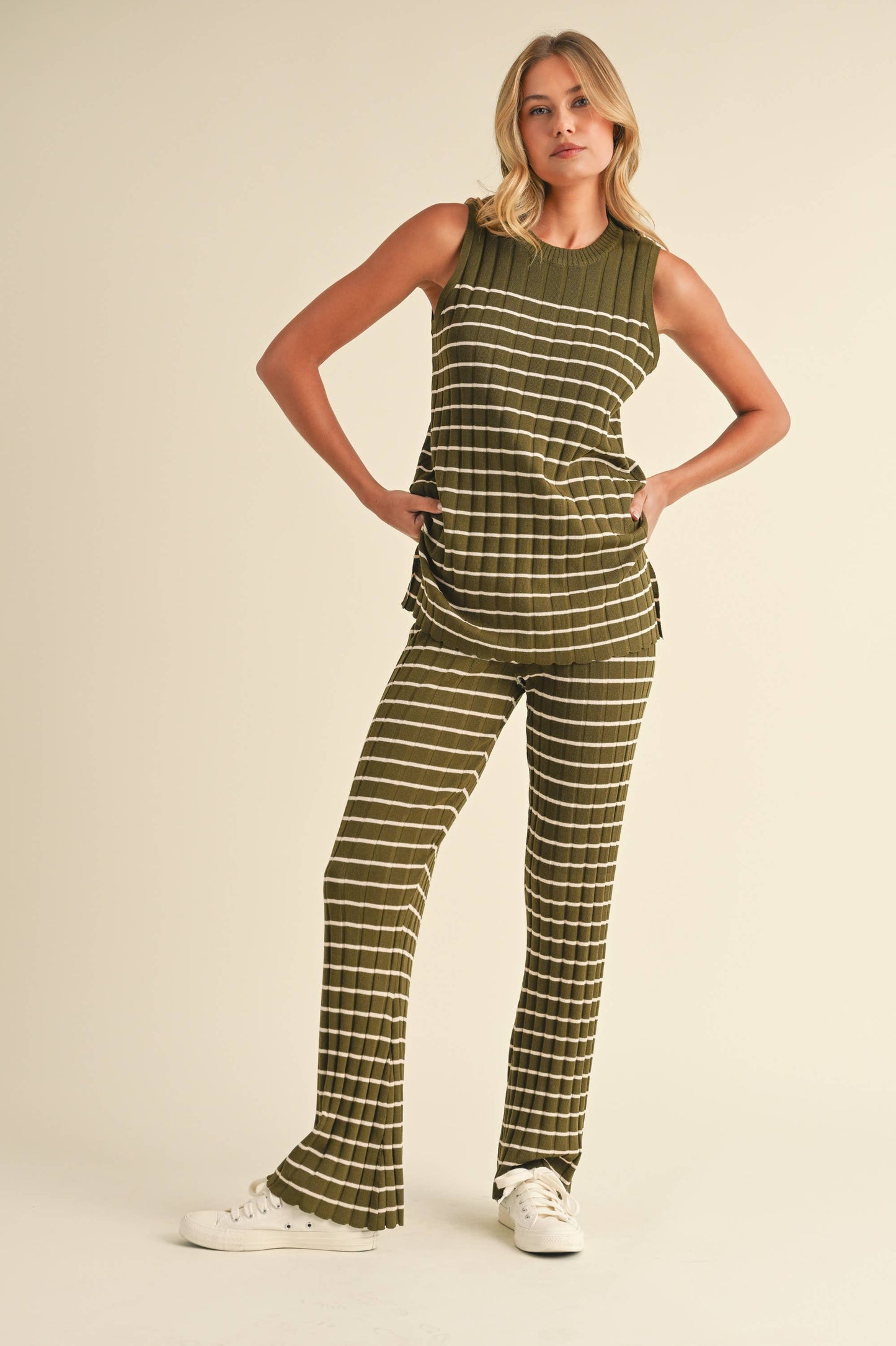 IST5685 SLEEVELESS STRIPED SWEATER KNIT TOP AND PANTS SET