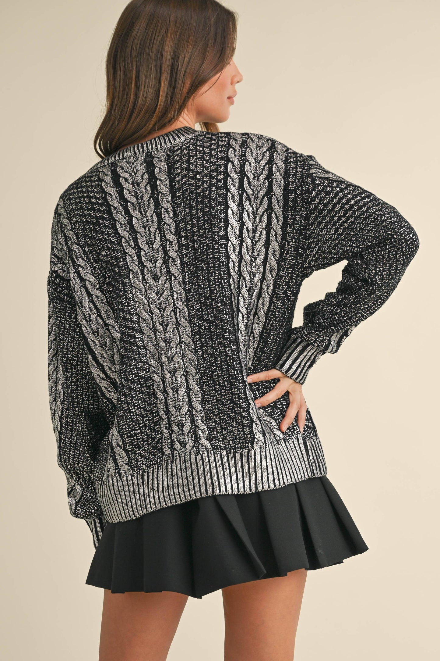 IT4008 METALLIC FOIL CABLE KNIT SWEATER TOP