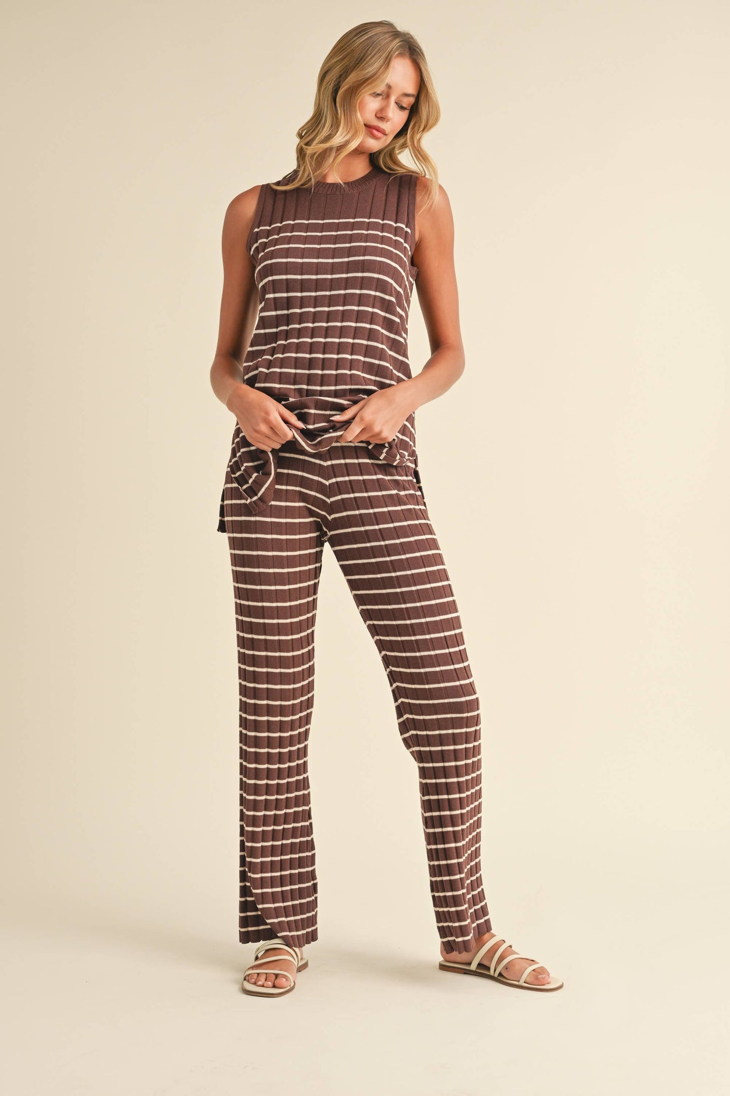IST5685 SLEEVELESS STRIPED SWEATER KNIT TOP AND PANTS SET