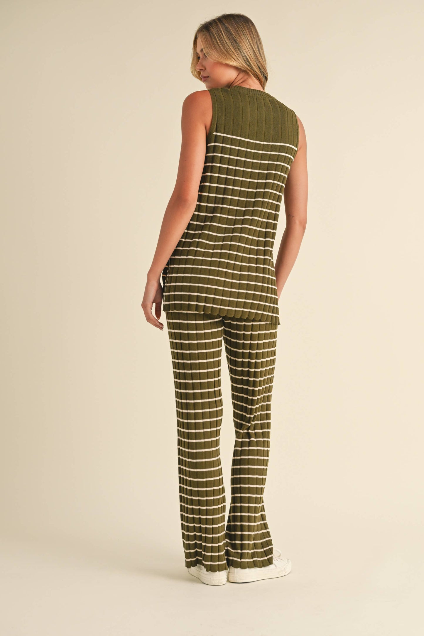 IST5685 SLEEVELESS STRIPED SWEATER KNIT TOP AND PANTS SET