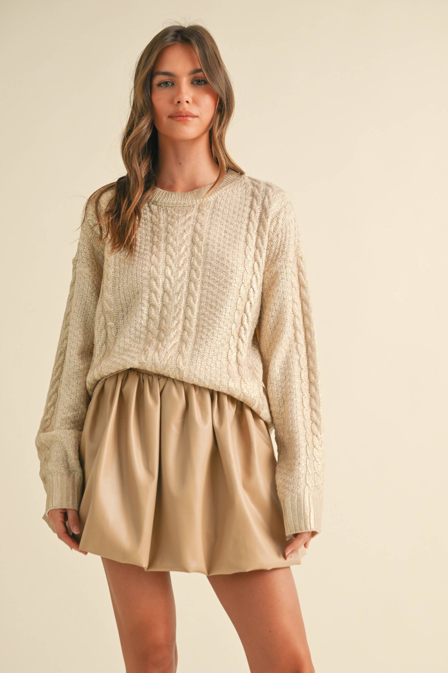 IT4008 METALLIC FOIL CABLE KNIT SWEATER TOP