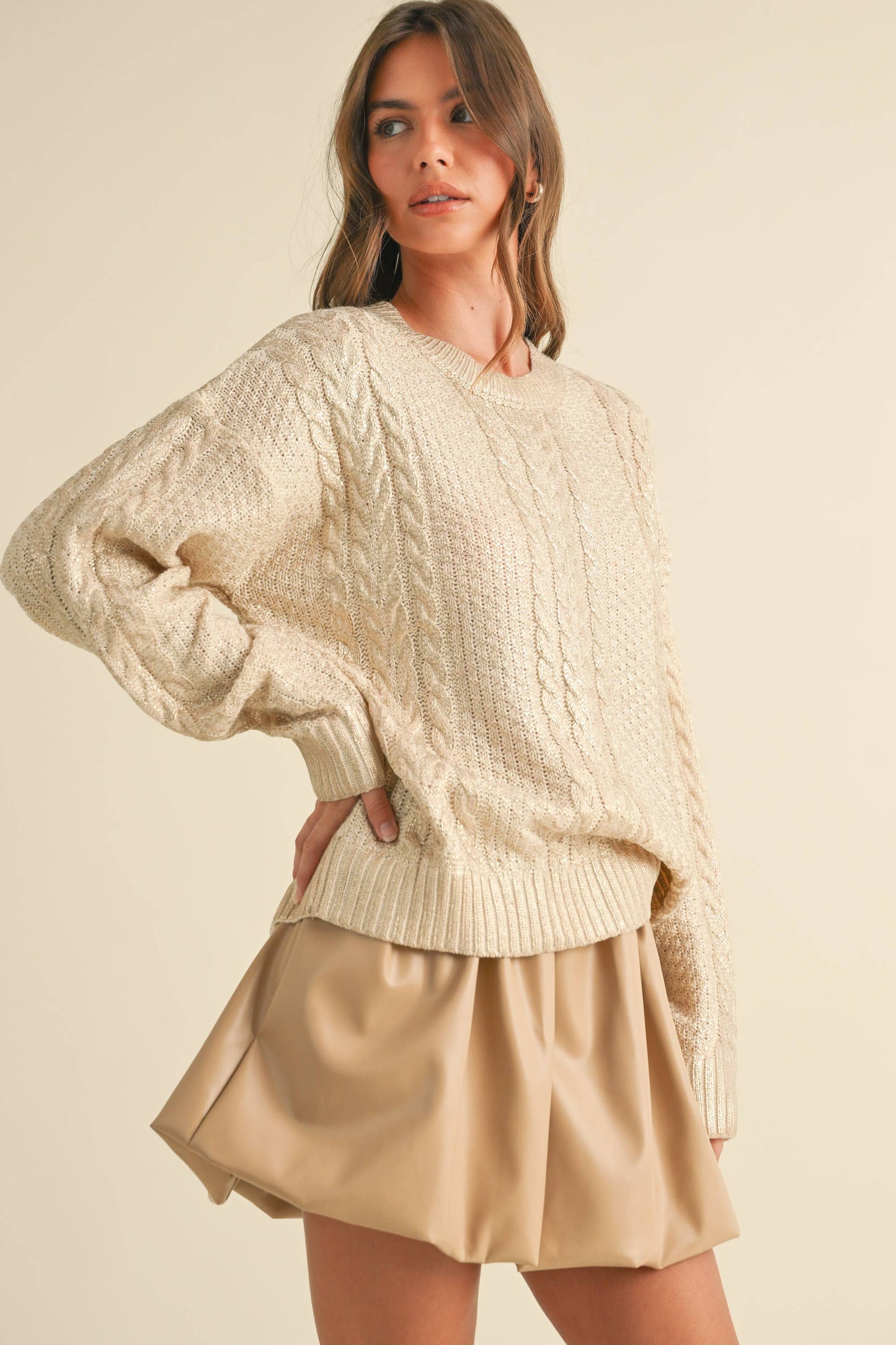 IT4008 METALLIC FOIL CABLE KNIT SWEATER TOP