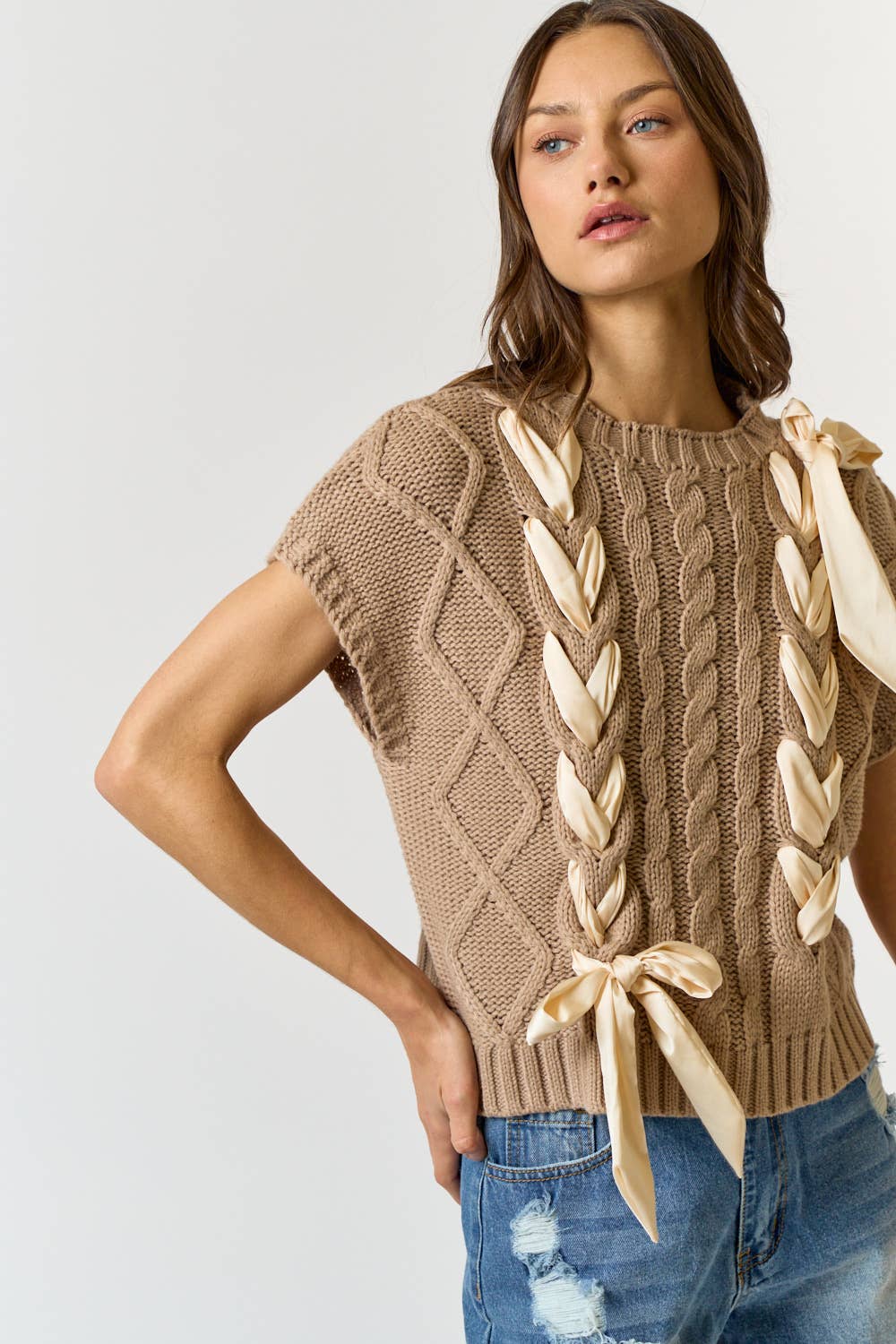 SATIN BOW CABLE KNIT SWEATER VEST TOP