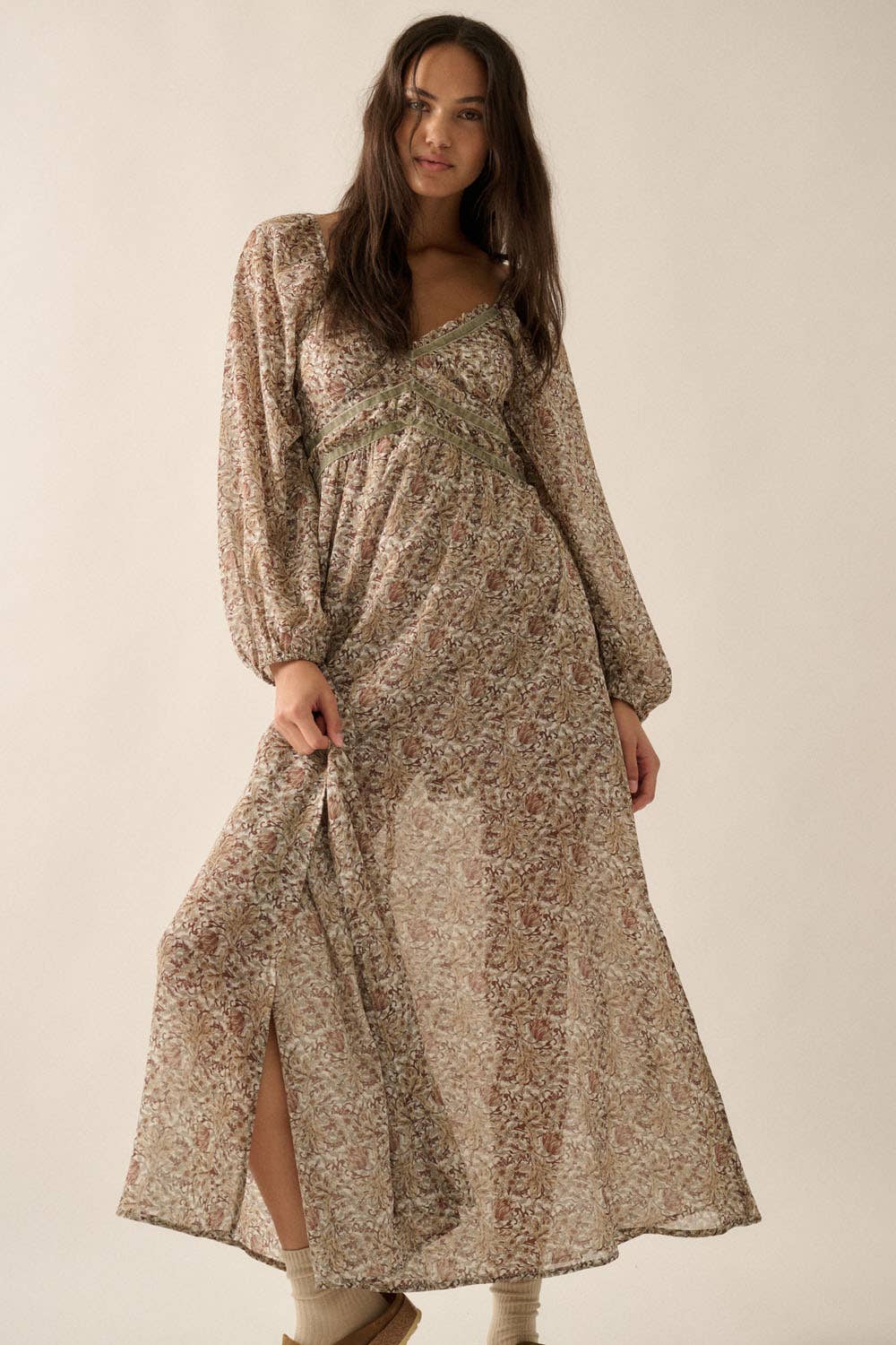 Floral V-Neck Sheer Velvet-Trim Maxi Dress