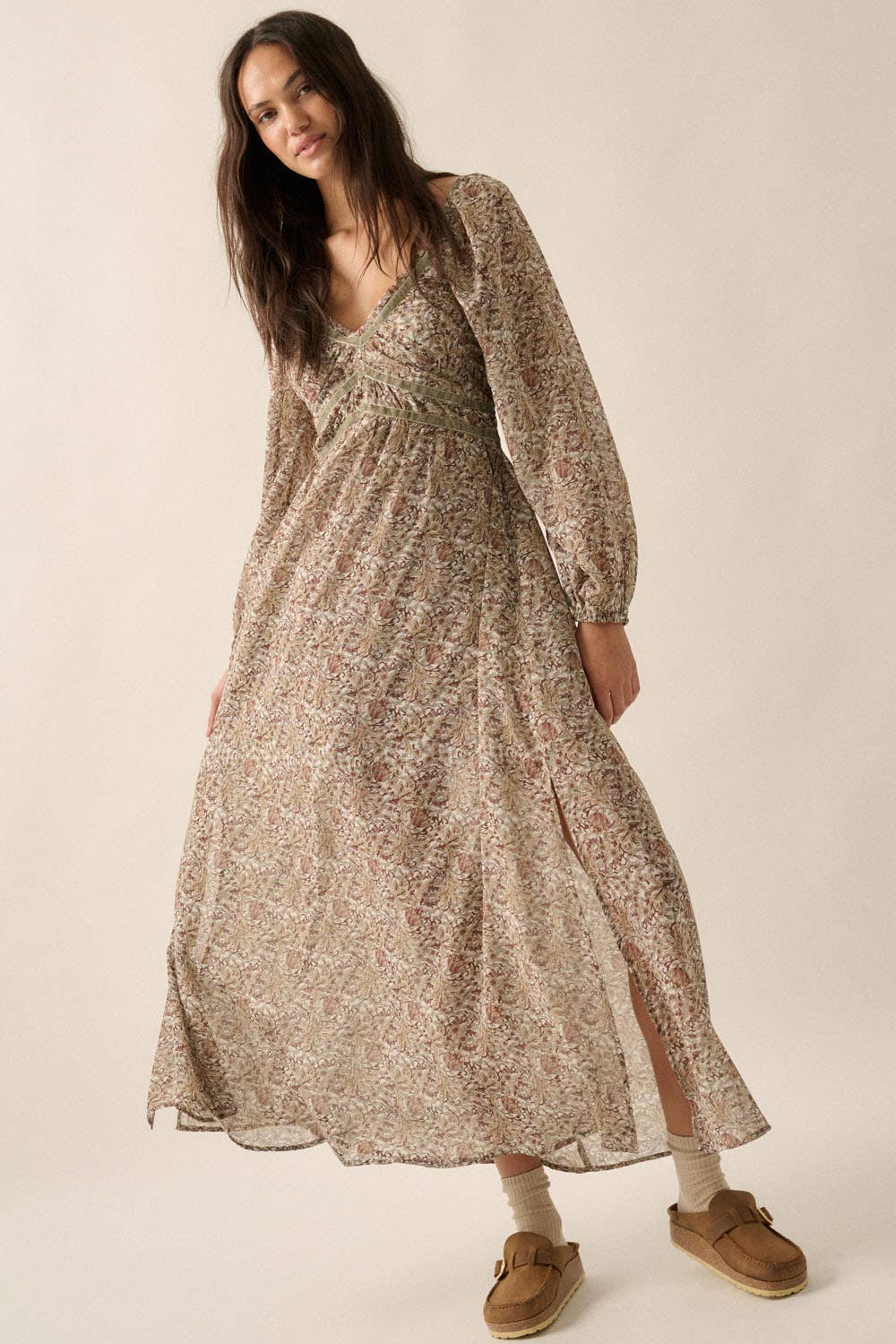 Floral V-Neck Sheer Velvet-Trim Maxi Dress