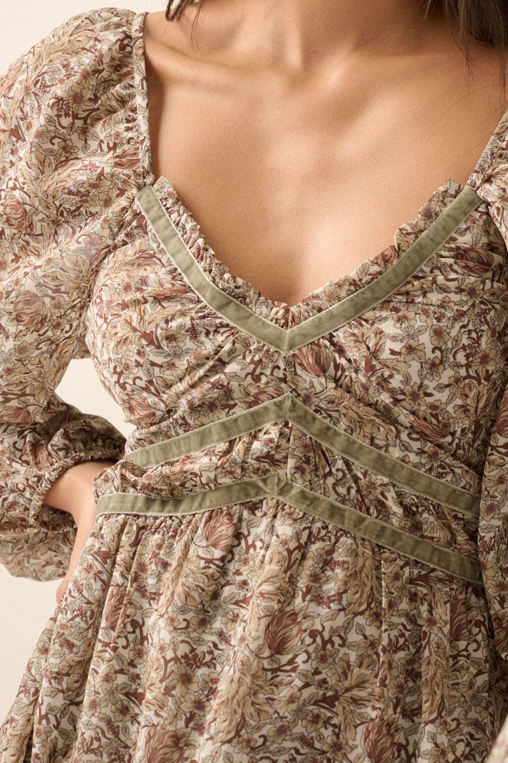 Floral V-Neck Sheer Velvet-Trim Maxi Dress