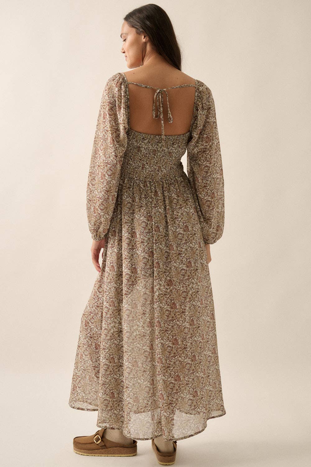 Floral V-Neck Sheer Velvet-Trim Maxi Dress