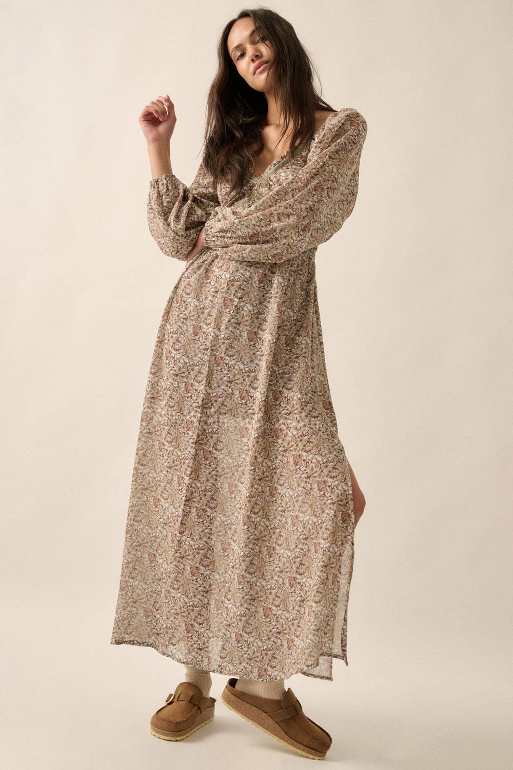 Floral V-Neck Sheer Velvet-Trim Maxi Dress