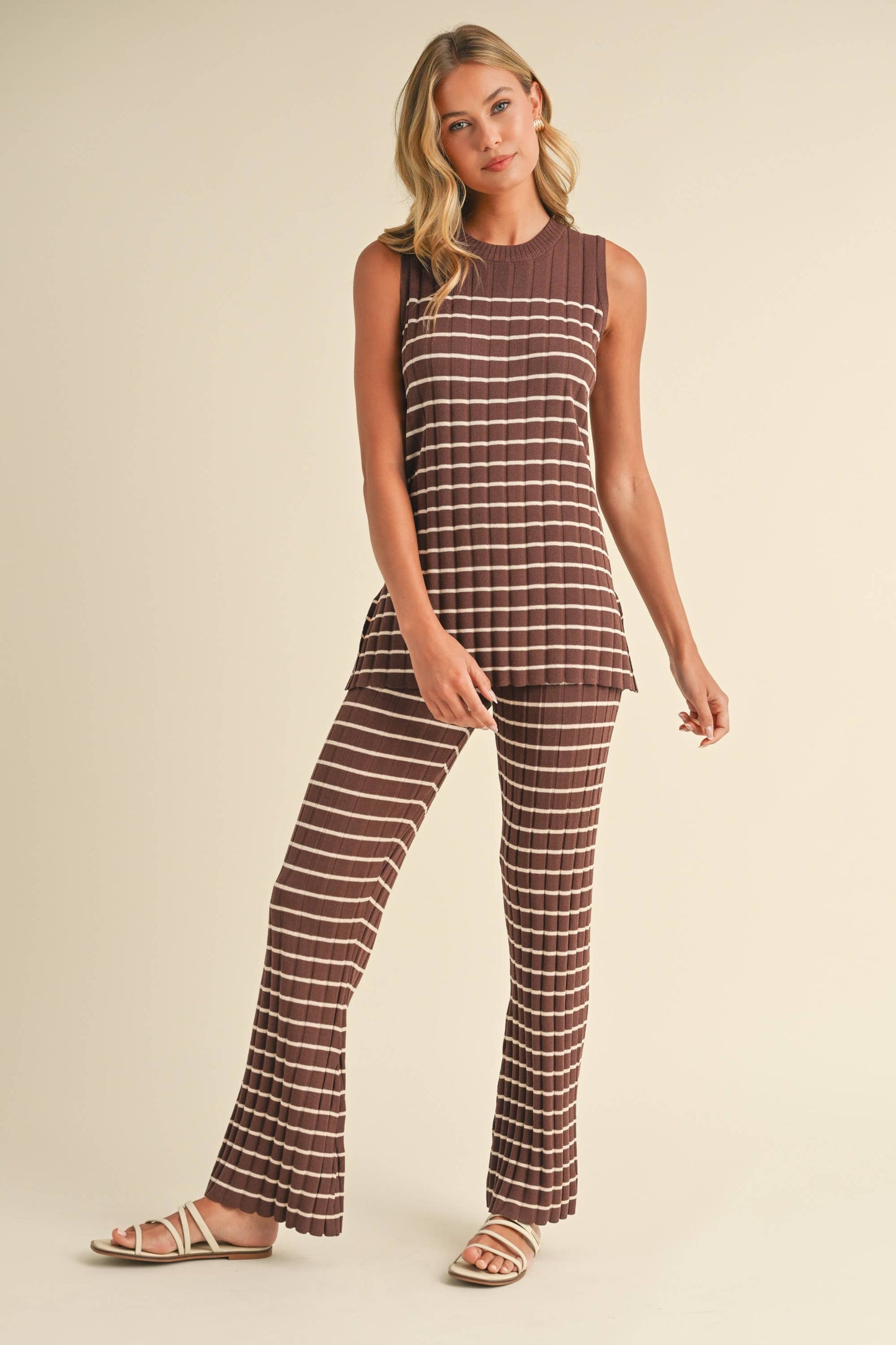 IST5685 SLEEVELESS STRIPED SWEATER KNIT TOP AND PANTS SET