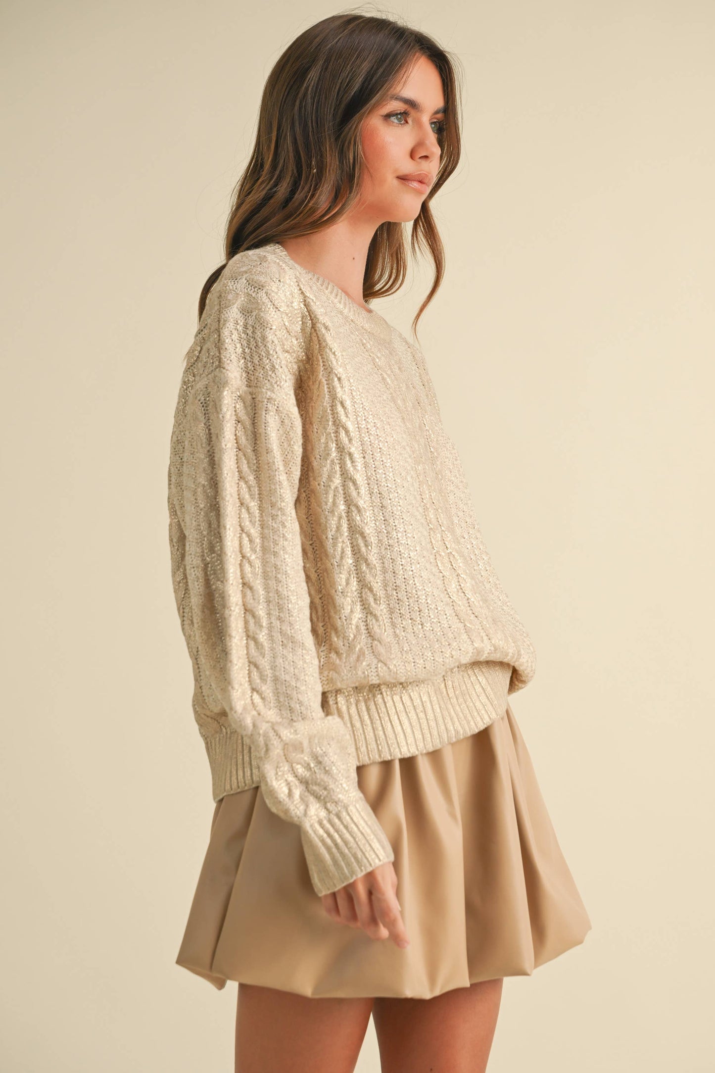 IT4008 METALLIC FOIL CABLE KNIT SWEATER TOP