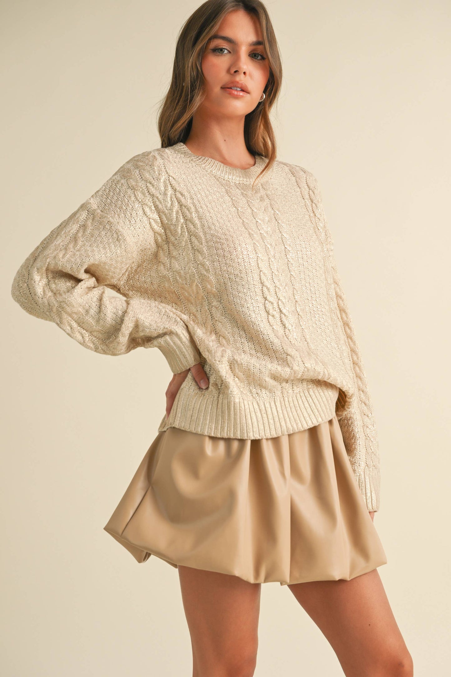 IT4008 METALLIC FOIL CABLE KNIT SWEATER TOP