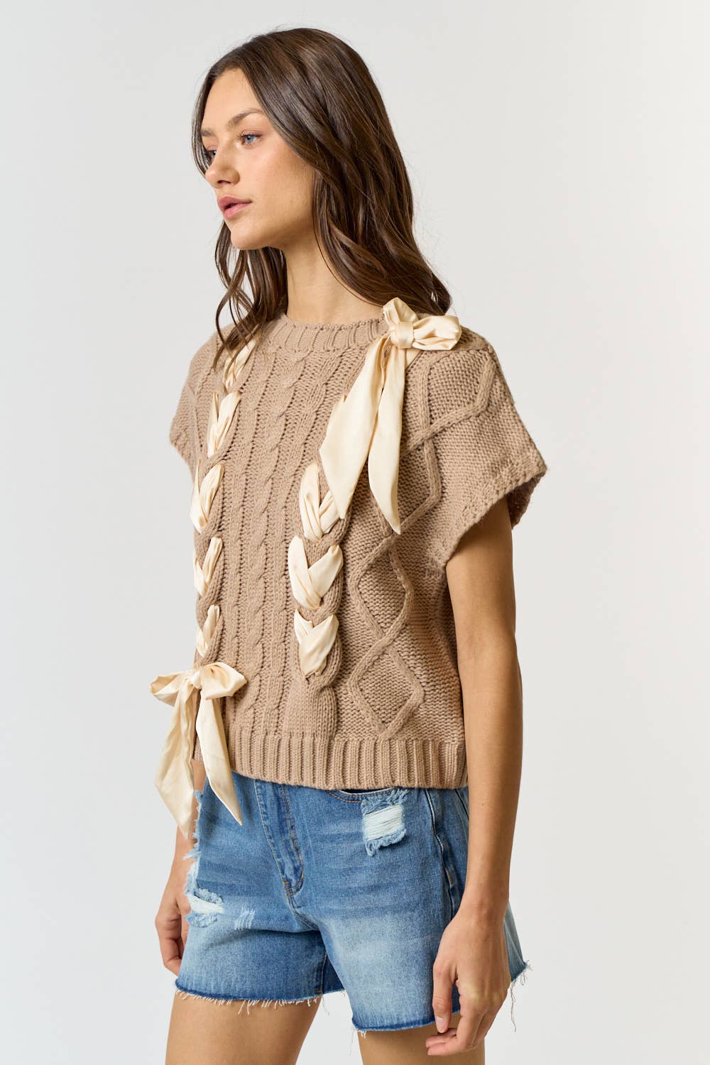 SATIN BOW CABLE KNIT SWEATER VEST TOP