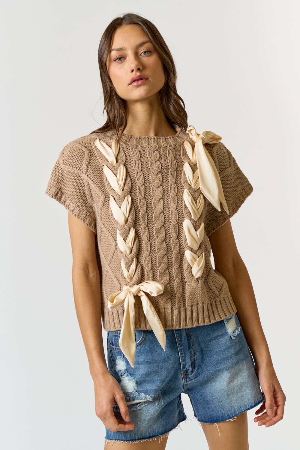 SATIN BOW CABLE KNIT SWEATER VEST TOP