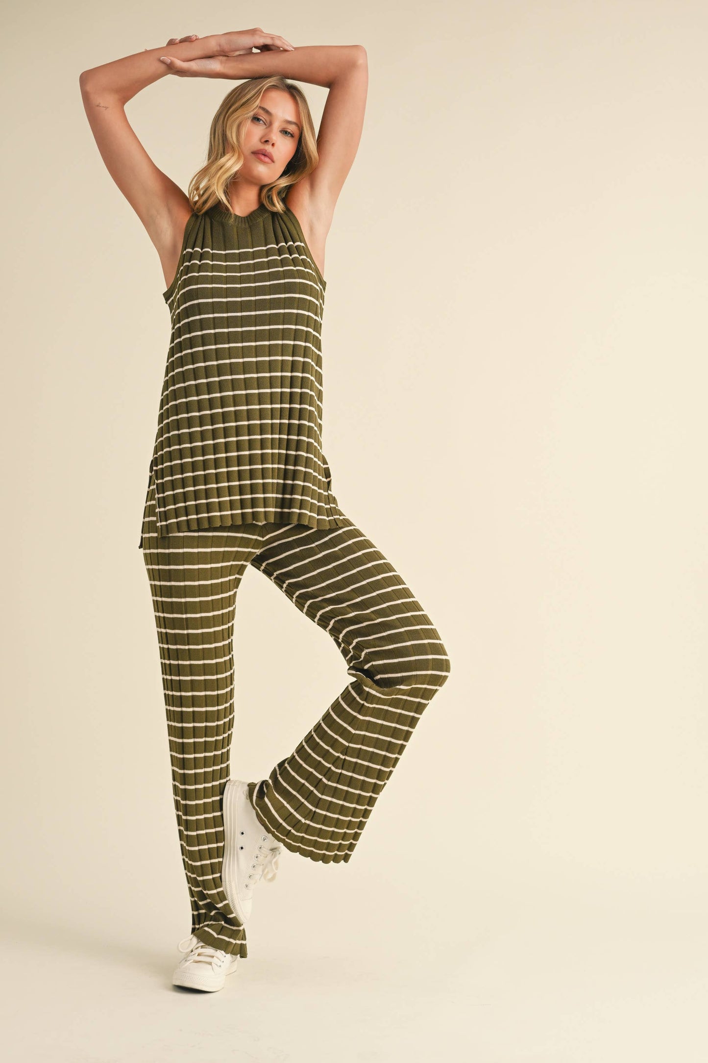 IST5685 SLEEVELESS STRIPED SWEATER KNIT TOP AND PANTS SET