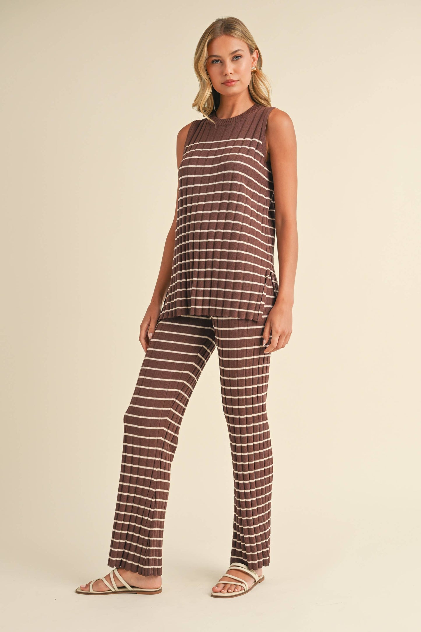 IST5685 SLEEVELESS STRIPED SWEATER KNIT TOP AND PANTS SET