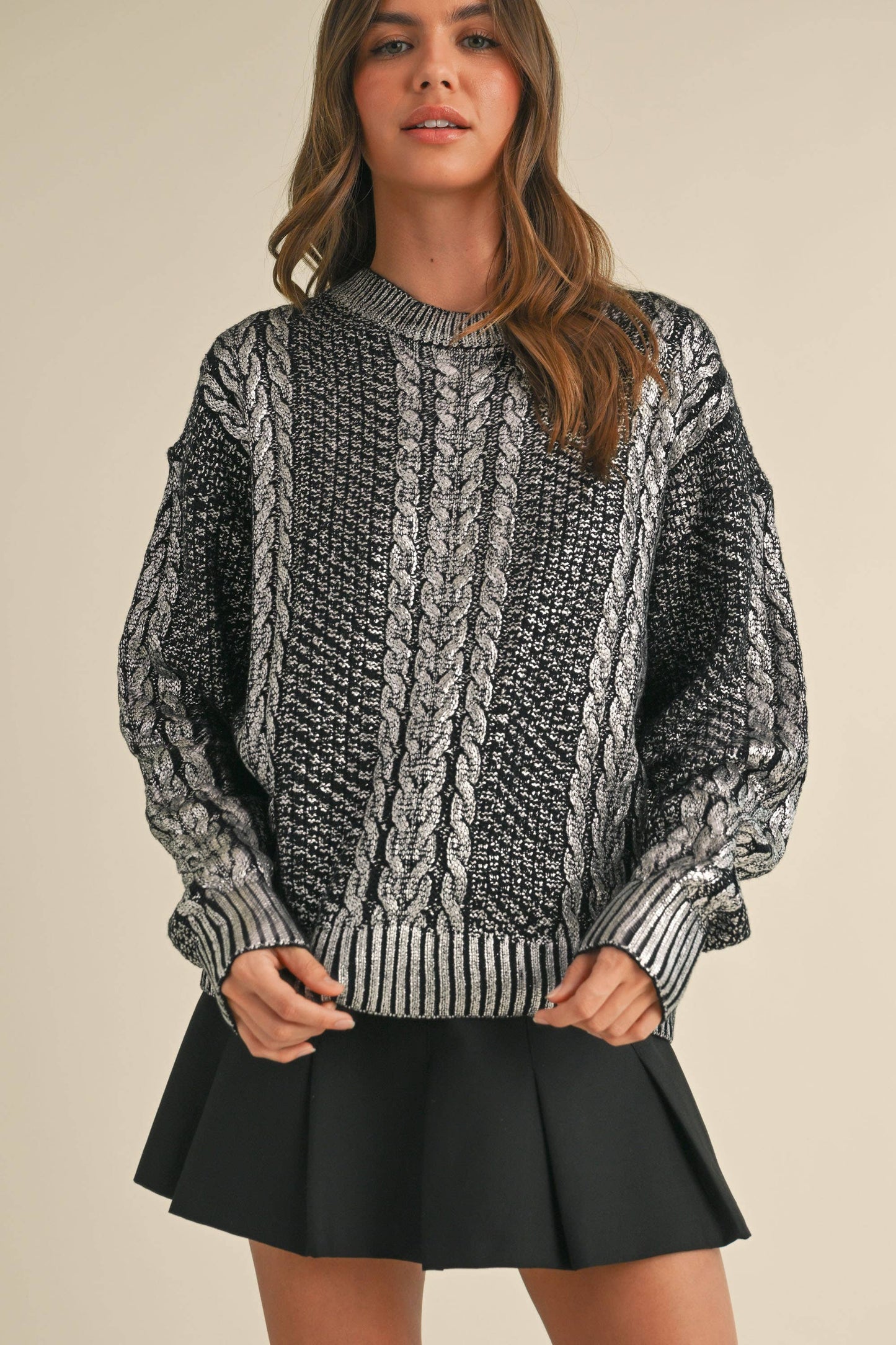 IT4008 METALLIC FOIL CABLE KNIT SWEATER TOP