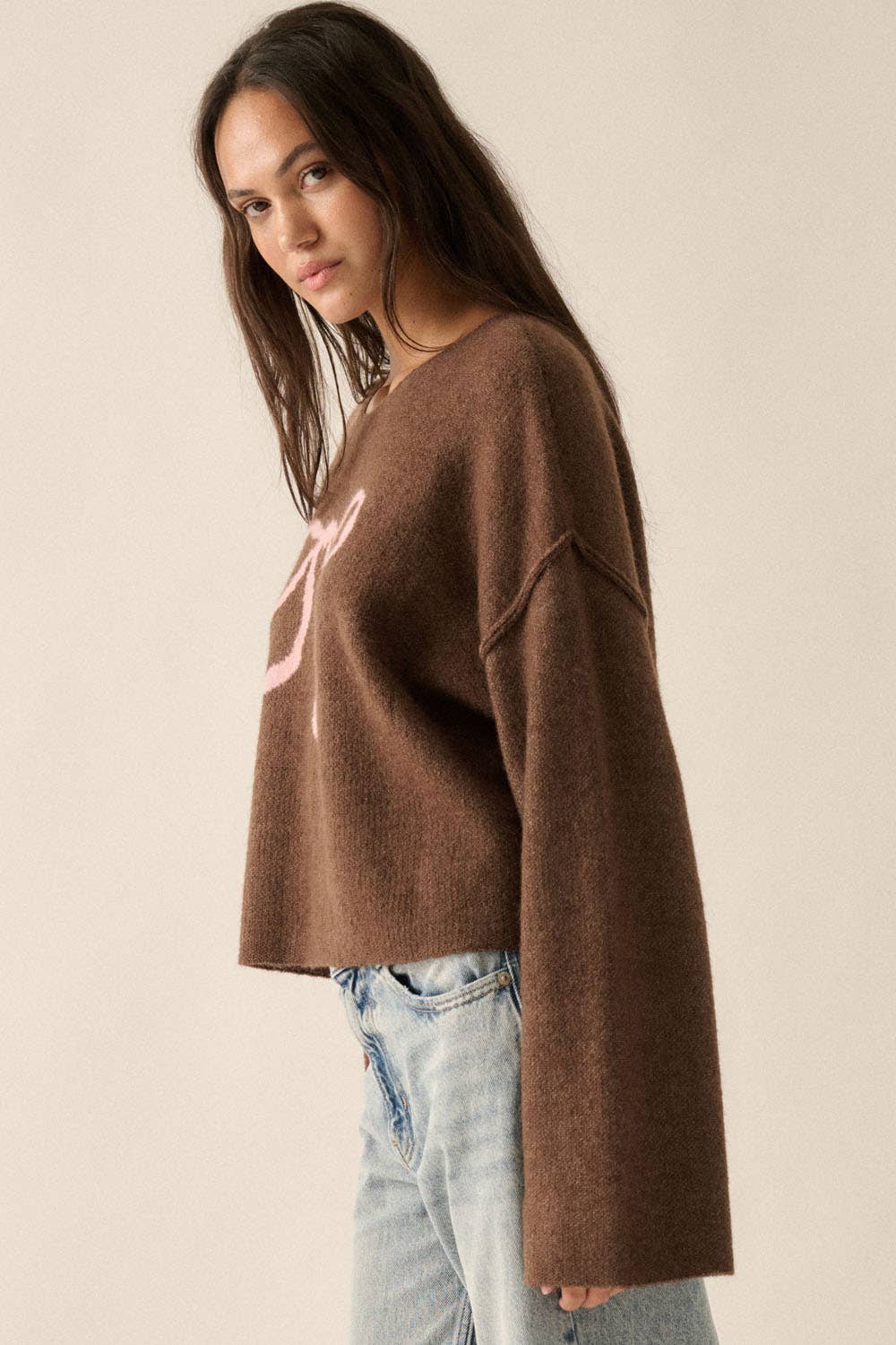 Solid Contrasting Ribbon-Bow Knit Sweater
