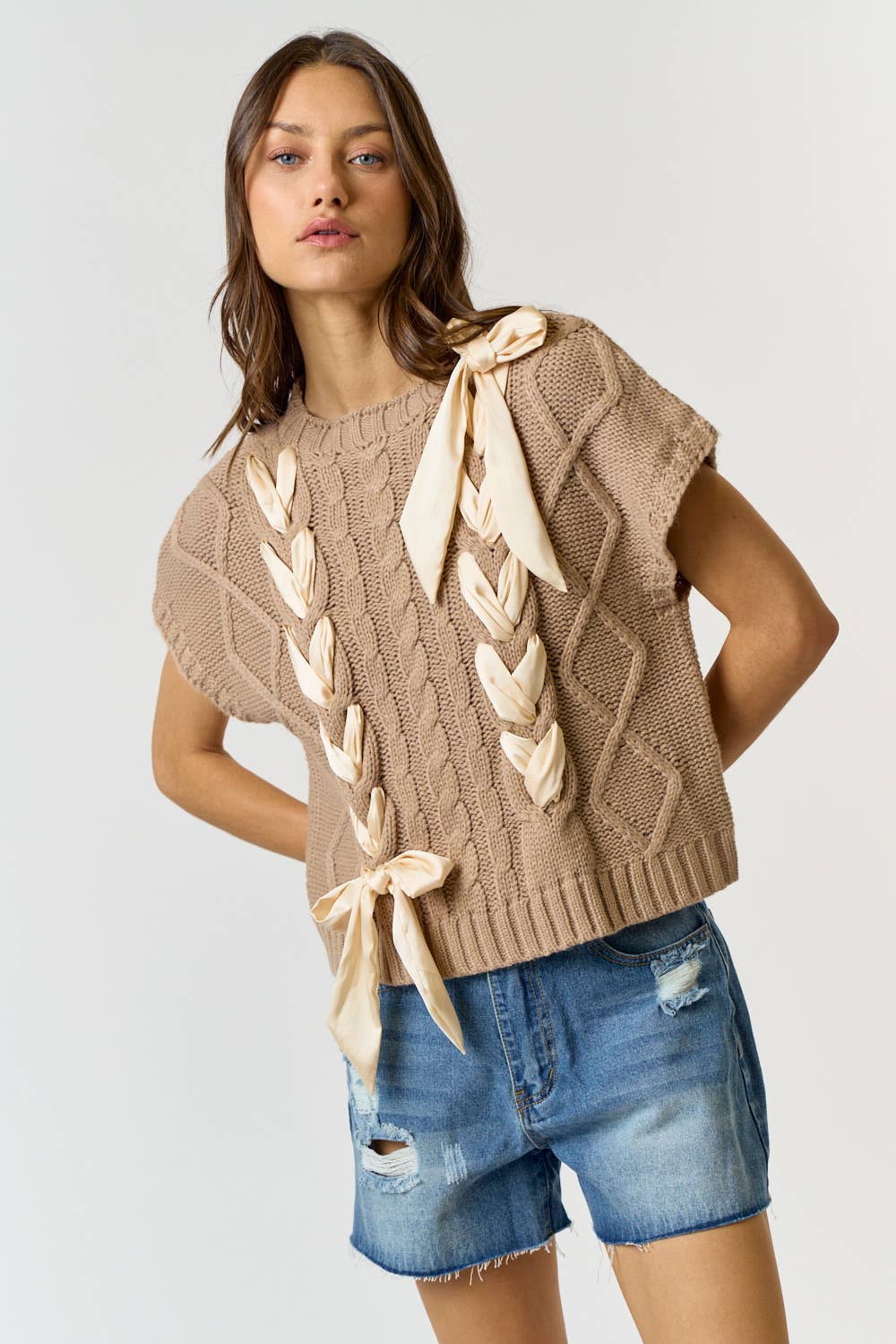 SATIN BOW CABLE KNIT SWEATER VEST TOP