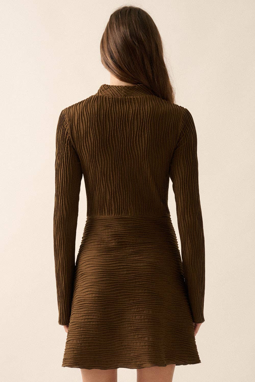 Wavy-Texture Ribbed White Knit Mock-Neck Mini Dress