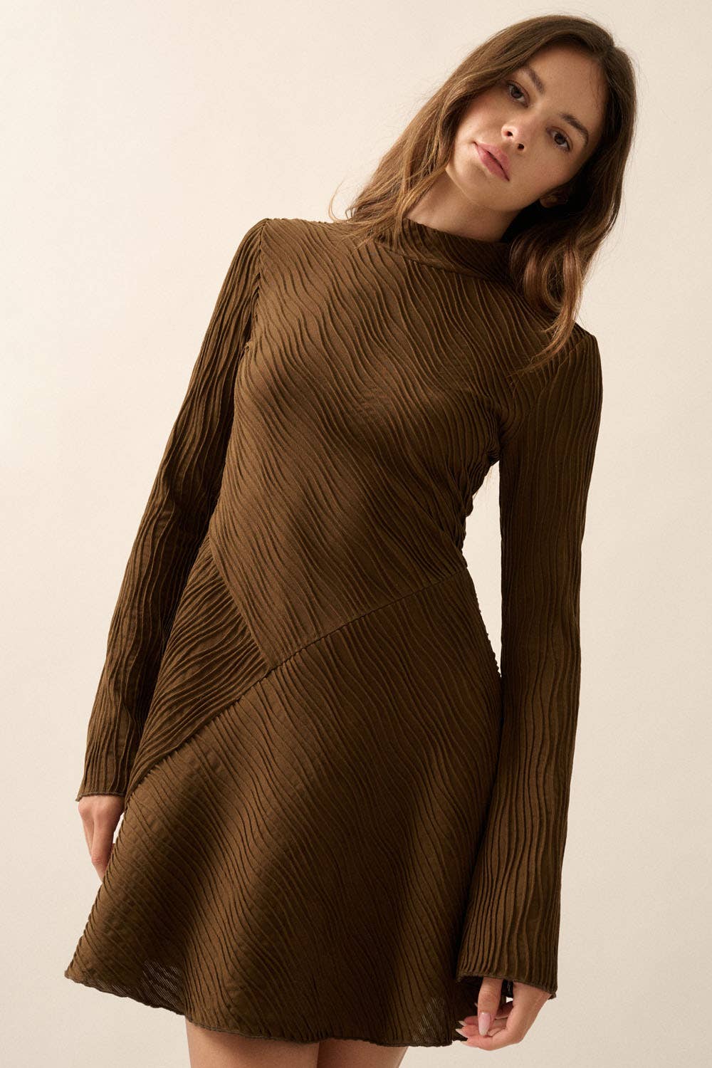 Wavy-Texture Ribbed White Knit Mock-Neck Mini Dress