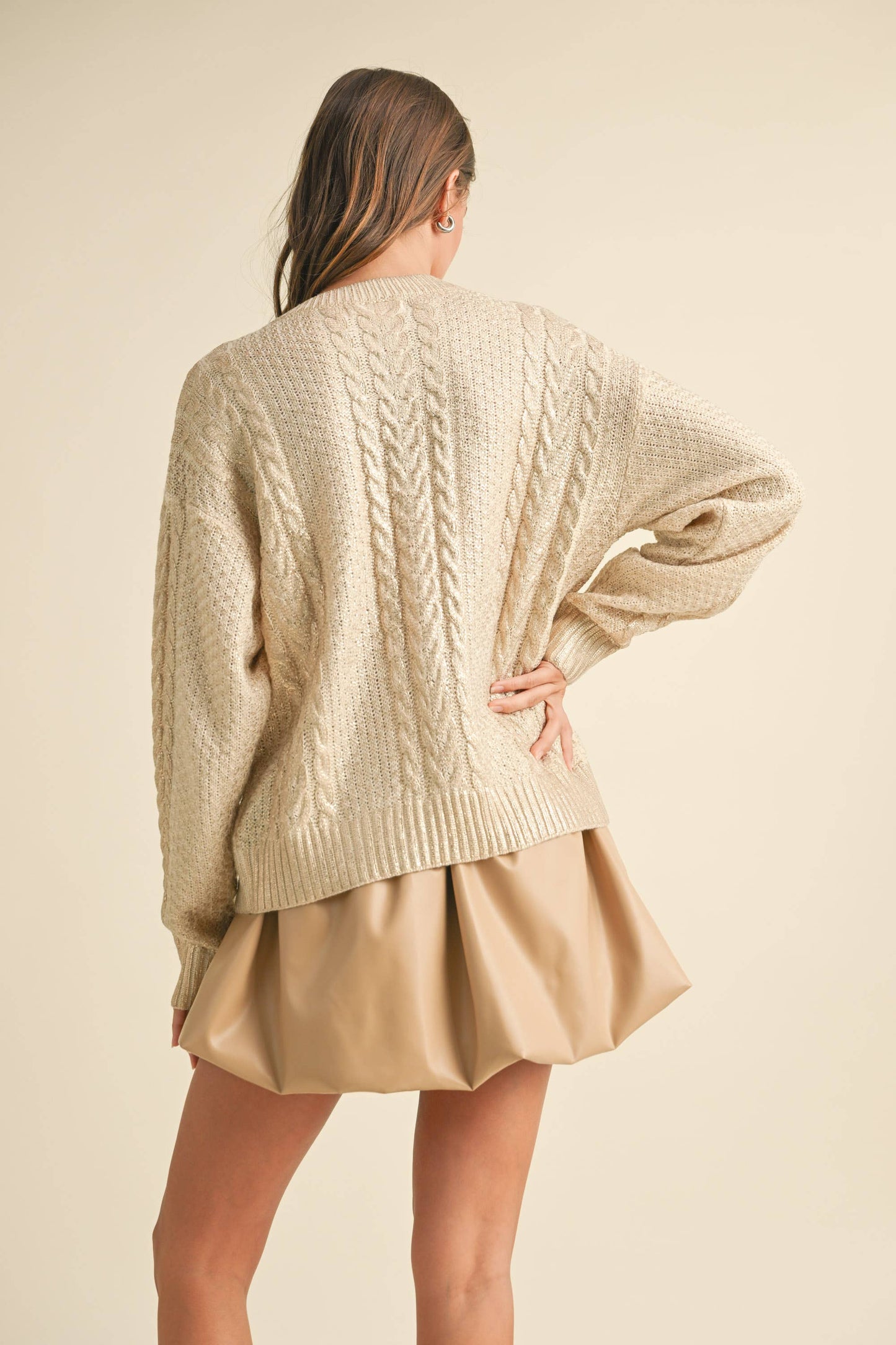 IT4008 METALLIC FOIL CABLE KNIT SWEATER TOP