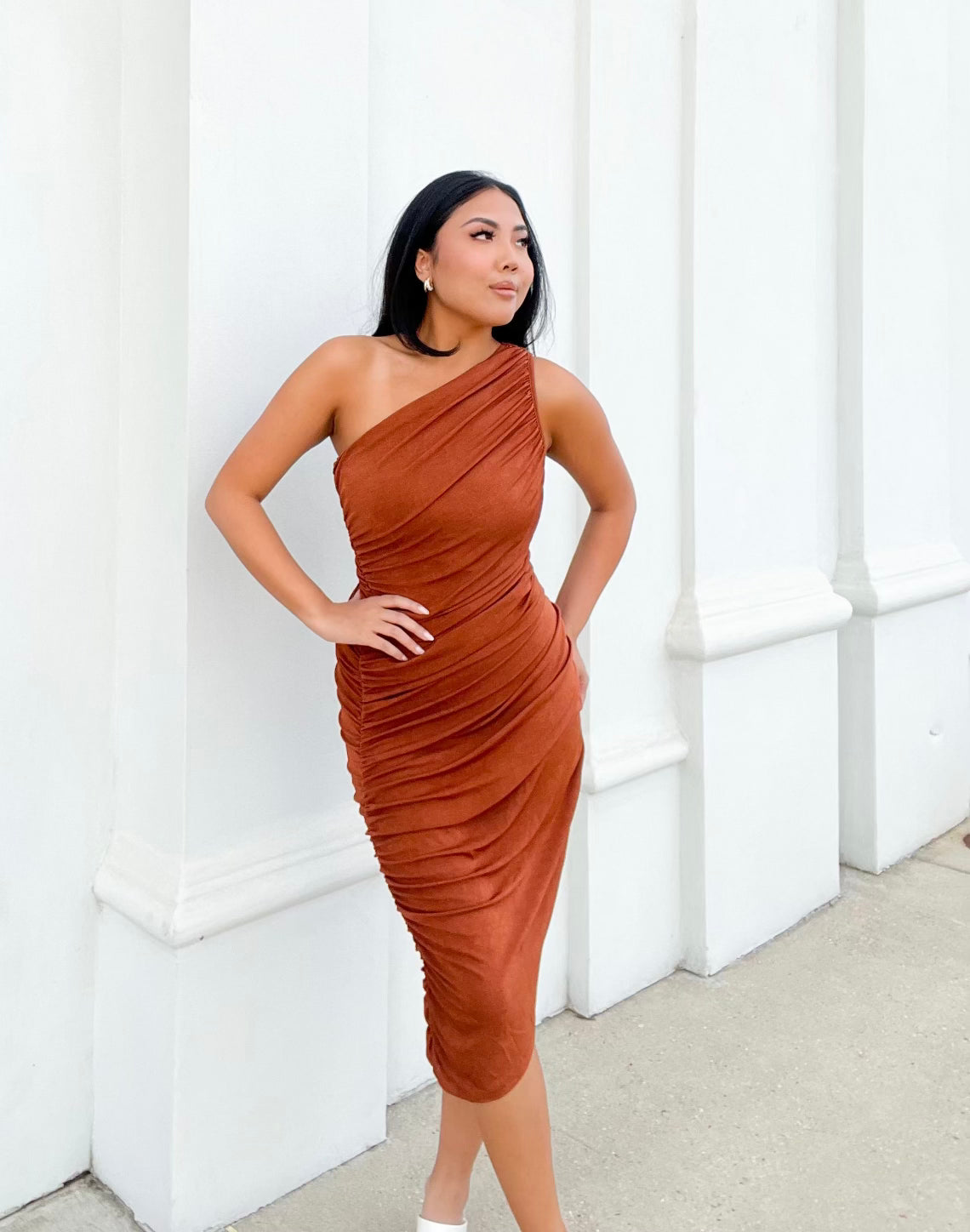 Rust One Shoulder Midi Dress