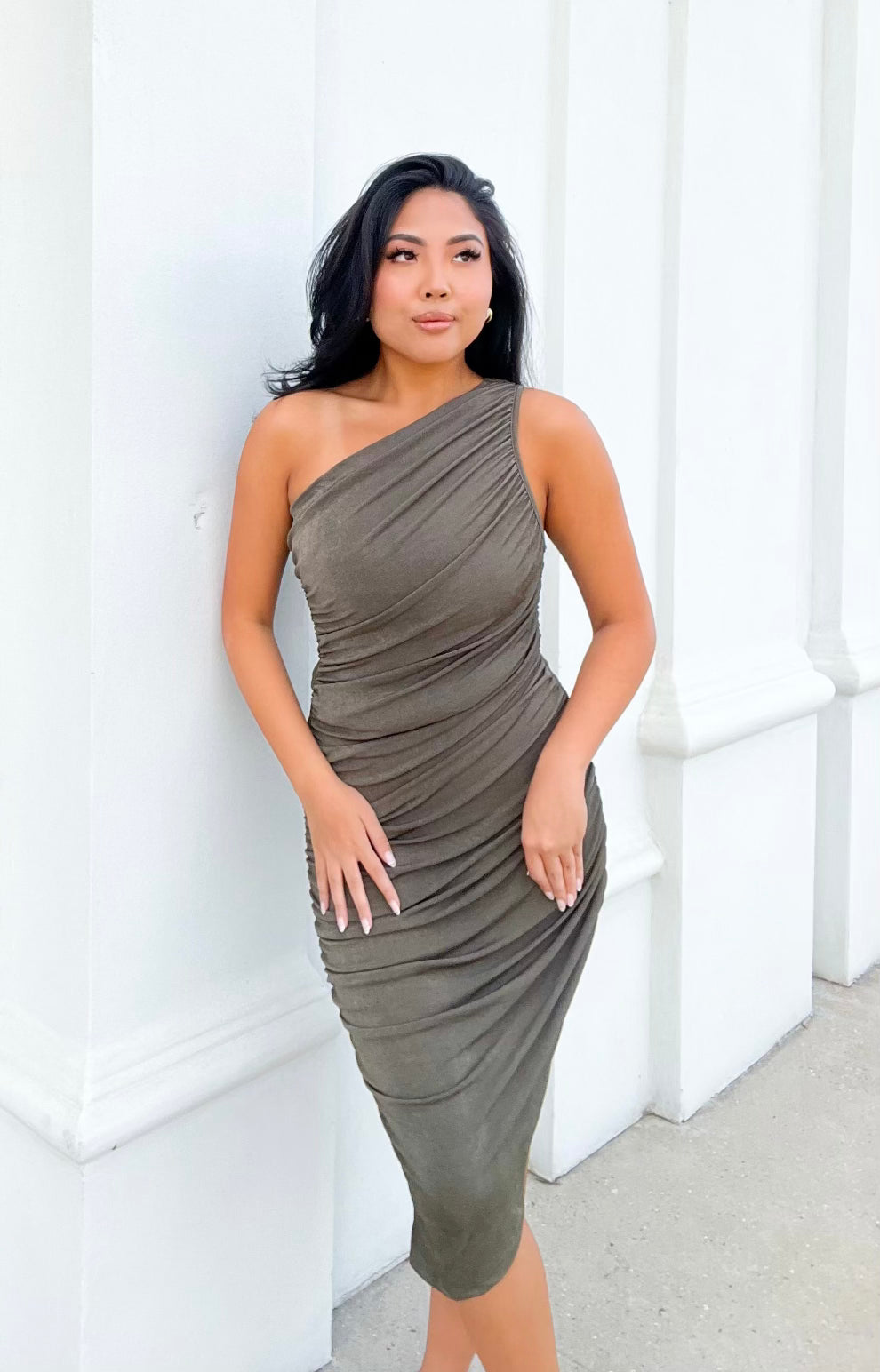 Olive One Shoulder Midi Dress