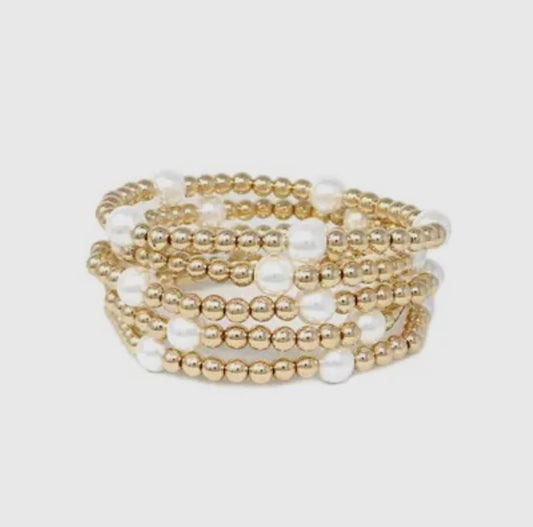 Pearl & Gold Beaded Stretch Bracelet