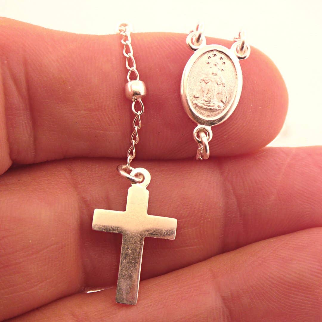 Silver Miraculous Medal Rosary Necklace 20-inch