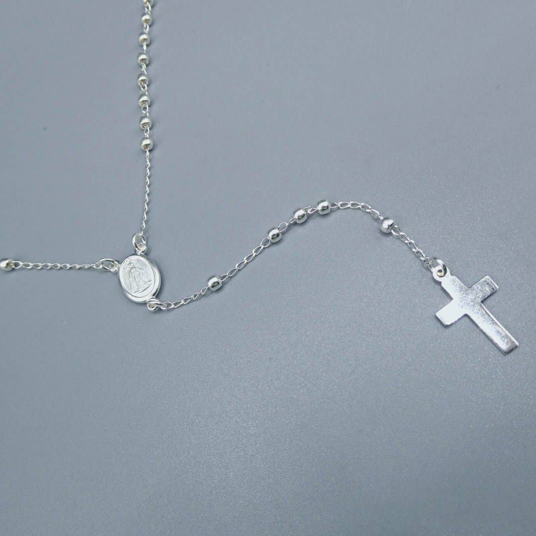 Silver Miraculous Medal Rosary Necklace 20-inch