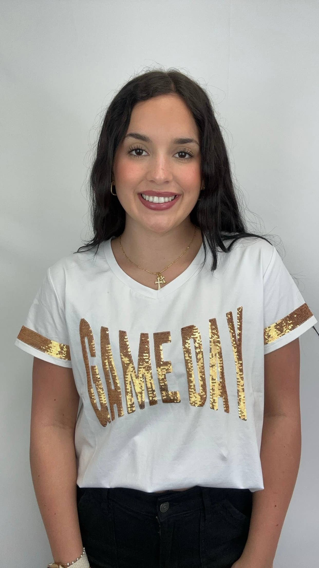 GAME DAY | Women's Sequin Design V-Neck Tee (WHITE)
