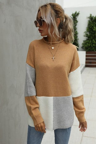 Beige Color Block Sweater